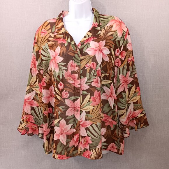 Alfred Dunner Size 20 Floral Blouse Brown Pink Green Tropical Semi-Sheer Button - Picture 1 of 6
